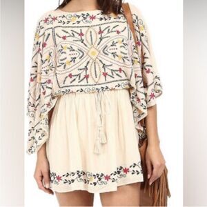 Free People Frida Embroidered Dress in Ivory Boho Drape Sleeve Mini Womens Small